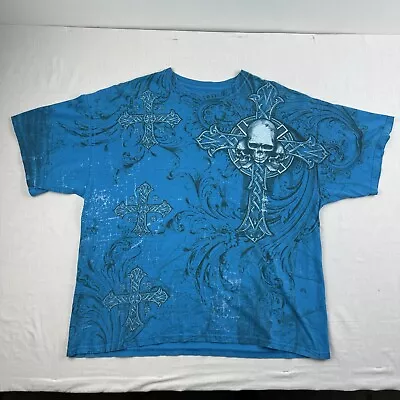 Y2K MMA Elite Shirt Adult XL Blue All Over Print Skulls Grunge Cross Goth Cyber • $37.99