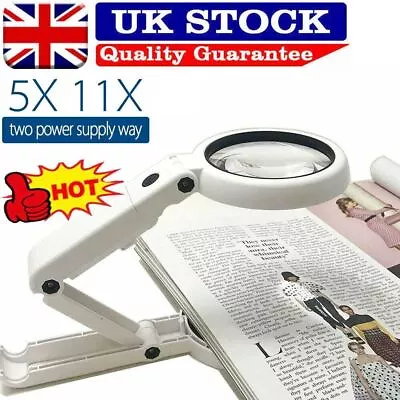 5X/11X Magnifying Glass With 8 LED Light LAMP Magnifier Foldable Stand Table UK • £8.69