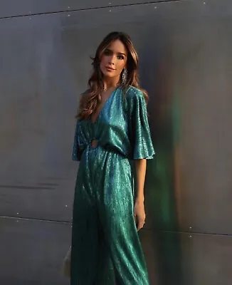 Zara Sz.sml Woman Pleated Metallic Full Length Jumpsuit Turquoise9349/685 Nwt • $52.25