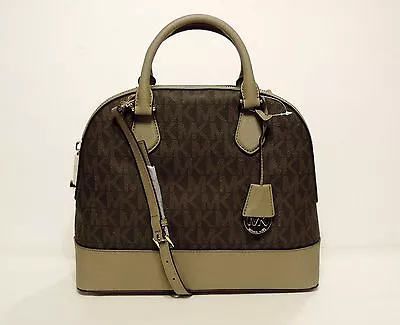 New MICHAEL KORS Smythe Large Dome Satchel  Brown Dark Dune Mk Signature PVC Bag • $169.99