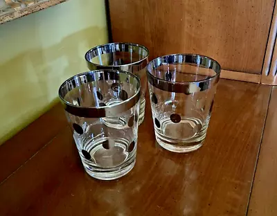 3 Vtg MCM Dorothy Thorpe Style Silver Rim POLKA DOT Cocktail Glasses BARWARE • $30.50