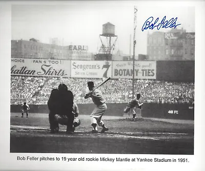 Bob Feller  Autographed 8x10 Pitching To Mickey Mantle At Yankee Stadium • $14.95