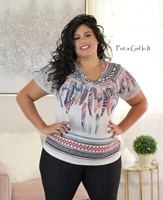 New VOCAL PLUS SIZE Womens AZTEC FEATHER CUTOUT NECK TUNIC SHIRT SWEATER 1X 2X • $33.20