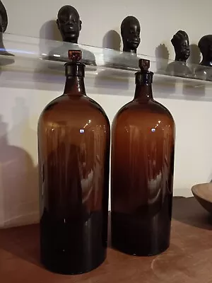 Large Vintage Brown Glass Apothecary Jar Amber Bottle With Glass Stopper • $130