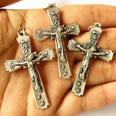 £9.70 • Buy Lot Of 3pcs Italy 1.8  Crucifix Silver Jesus Cross Rosary Parts Catholic Pendant
