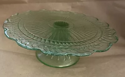 Vintage Depression Uranium Green Glass Cake Stand Etched Flowers 9.5” Glows • $40