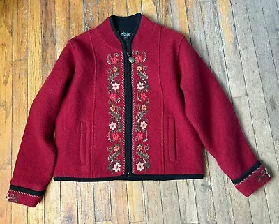 Vintage M Icelandic Burgundy Red Black Floral 100% Wool Cardigan Sweater Jacket • $15