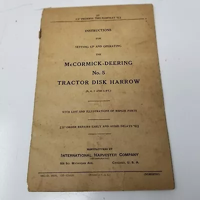 McCormick Deering Tractor Disk Harrow No. 5 Instructions 1929 Repair Parts • $19.95
