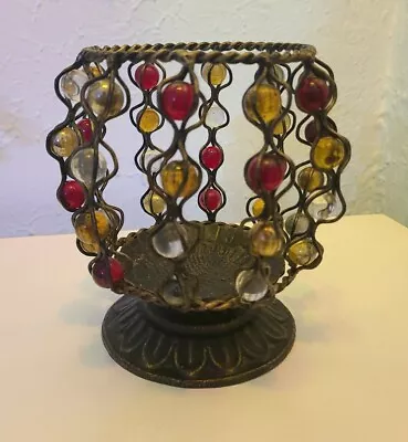 Vintage Unique Multi Color Wrapped Marble Heavy Metal Pillar Candle Holder • $29.99