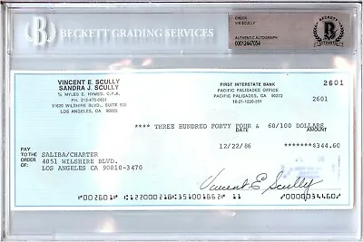 Vin Scully Signed Autographed Personal Check LA Dodgers #2601 1986 BGS Slabbed • $389.99