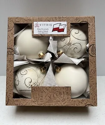 NOB Vitbis 4 Glass Ornaments Made In Poland Cream Colored With Gold Accents • $24