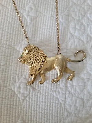 Vintage 1970's PARK LANE Gold Tone Lion Green Eye Pendant Statement Necklace • $39.99