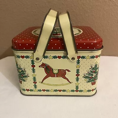 Small Vintage Tin Christmas Rocking Horse And Bear Picnic Basket Movable Handles • $15