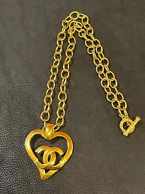 CHANEL Necklace AUTH Coco CC Pendant Choker GOLD HEART VINTAGE FRANCE GP F/S • $1226.23