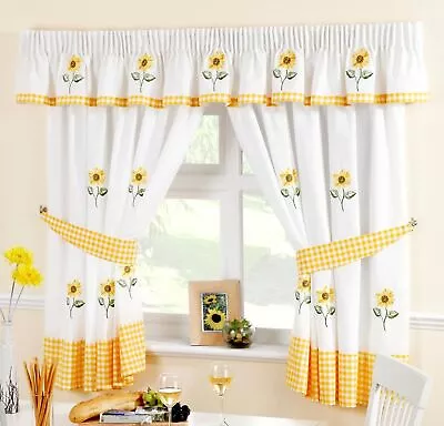 £9.99 • Buy Sunflower Gingham Yellow Voile Cafe Net Curtain Panel Kitchen Curtains