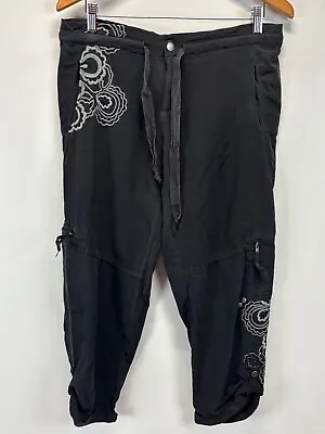 Vtg Da Nang 100% Silk Cargo Crop Capri Pants Medium Black Floral Embroidered Y2K • $54.99