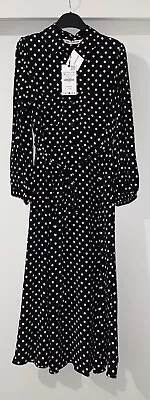 Zara Black White Collared Polka Dot Print Midi Shirt Dress With Belt Size M Bnwt • £34.99