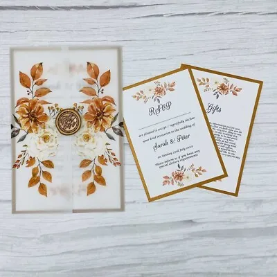 Floral Autumnal Vellum Wedding Invitation With RSVP Gifts Wax Seal-AUTUMN-SAMPLE • £5.45