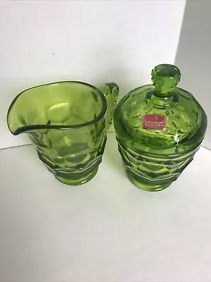 Vintage MCM Viking Glass Bright Green Cream Creamer Sugar With Lid With Tag Orig • $33.99