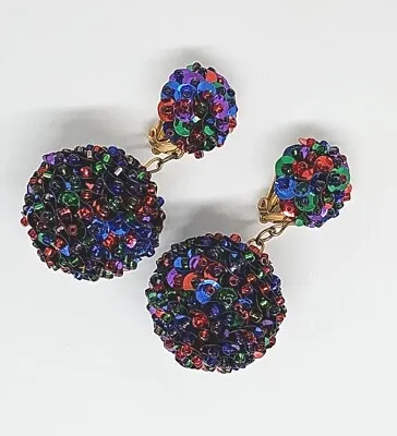 Vintage FUN Multi Color Sequins Dome & Ball Dangle Earrings • $12