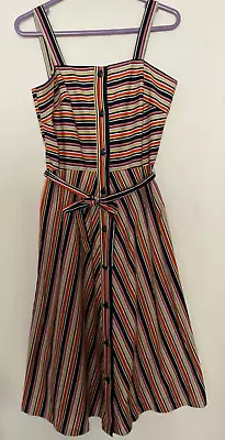 Vintage 70s Horrockses Striped Cotton Button Front Strappy Flared Dress + Belt 8 • £27.99