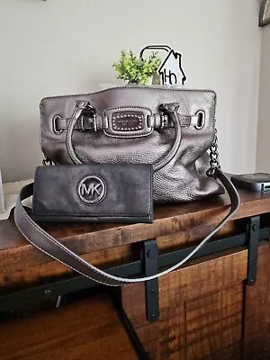 Michael Kors Leather Gunmetal Hamilton Handbag With Wallet • $95