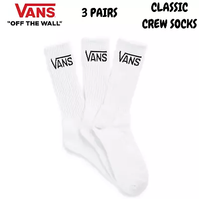 VANS 3pk Classic Crew Socks Sport Skate Skateboard Sox BMX - White • $27.45