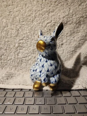 $25 • Buy Andrea By Sadek Fishnet Blue & White Paws Up Bunny Porcelain Rabbit Hand Painted