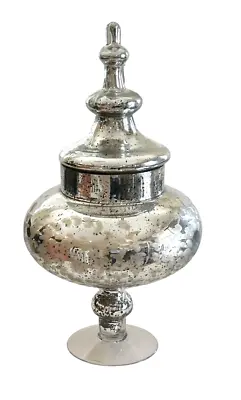 Mercury Glass Lidded Apothecary Jar Antique Silver Clear Base Flowers Lid 18  • $43.99