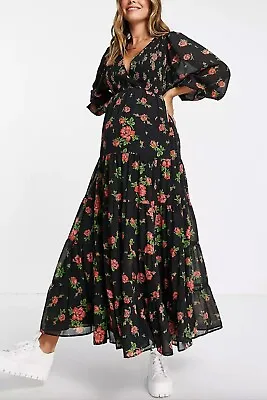 ASOS DESIGN Maternity Shirred Wrap Tiered Skirt Maxi Dress In Black Rose Print • £14