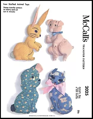 McCall's #2025 Dog Cat Pig Bunny Stuffed Animals Toys Vintage Fabric Sew Pattern • $5.49