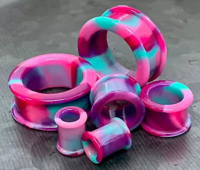 PAIR Pink Purple & Teal Swirl Galaxy Silicone Tunnel Plugs Double Flare Gauges • $11.95