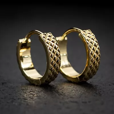 Solid Gold Plated 925 Sterling Silver Small Men's Diamond Cut Hoop Earrings • $11.99