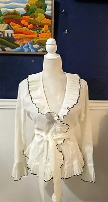 Camille La Vie White Ruffle Collared Blouse Snap Formal Wrap Shirt Sz Medium M • $31.47