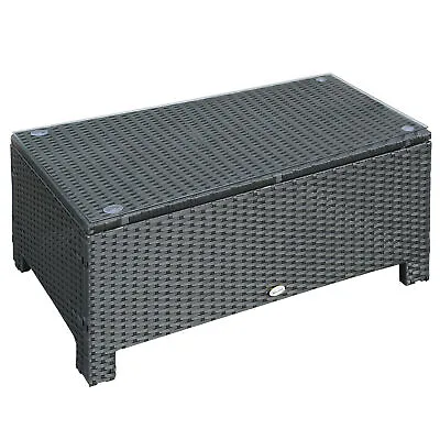 Outsunny Garden Rattan Side TableWicker Coffee Desk Glass Top Black • £61.99