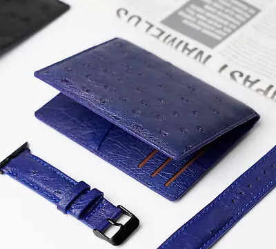 Blue Minimalist Wallet Credit Card Case Slim Ostrich Leather Luxury Gifts RFID • $75