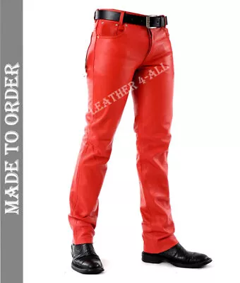 Men's Real Leather Bikers Pants 501 Style Red Leather Pants Bikers Pants  • $110