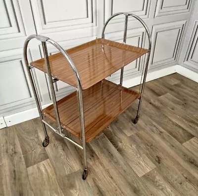 Vintage Retro Chrome & Plywood Folding Cocktail Drinks Tea Hostess Trolley • £129.99