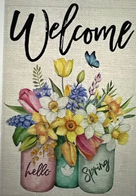 Hello Spring Floral Garden Flag Linen Spring Yard Flag Small Vertical Flags • $3.99