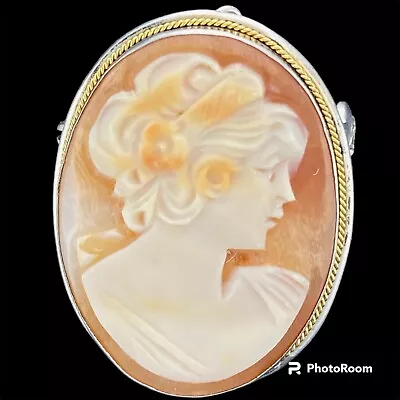 Vintage Carved Shell Cameo Lady Brooch Pendant 800 Silver Gold Fillled Accent 1  • $49.95