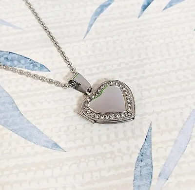 Silver Plated Stainless Steel Crystal Heart Locket Necklace Hair Photo Keepsake • £9.99