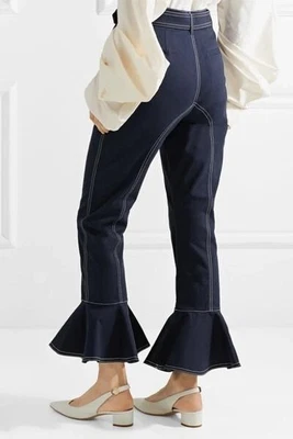 Self Portrait Cropped Ruffled Navy Cotton Denim Flare Trousers Contrast Sitch 12 • £124.99