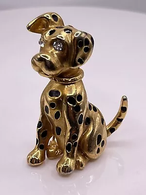 Dalmatian Sitting Dog Brooch Pin Gold Tone Black Enamel  Rhinestone Eyes Vintage • $13.99