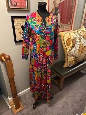 VTG OG 60s Saks Fifth Avenue MOD Psychedelic Colorful Long Sleeve Maxi Dress 14 • $600