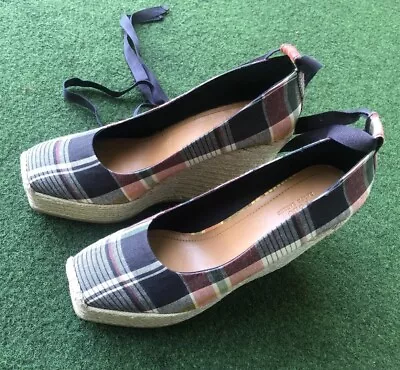 Polo Ralph Lauren Designer Wedge  Shoes Plaid Upper Canvas Heel Women’s Size 9 • $63.98