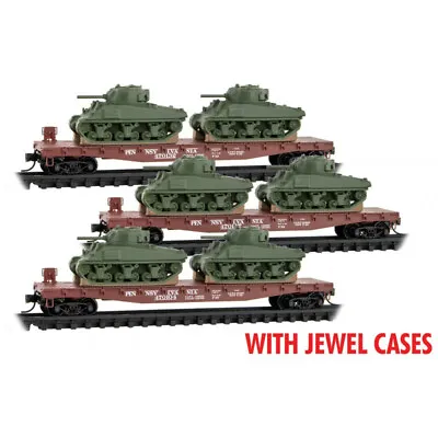 N Micro Trains 983 02 217 PRR Penn Flat Cars 6  W/M4 Sherman Tanks • $105