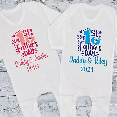 Our First 1st Fathers Day 2024 Personalised Baby Bib Vest Grow Romper T-Shirt • £11.99