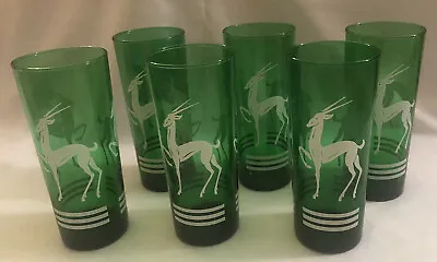 6 Tall Vintage MCM Art Deco Gazelle Antelope Green Glasses Tumblers 6 3/4  • $32.50