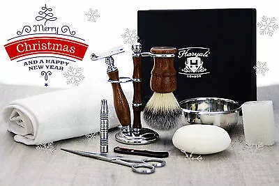 Luxury Shaving Set Safety Brush Soap Bowl Scissors Towel Christmas Gift For Mens • £59.99