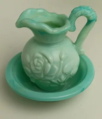 Vintage Avon Jadeite Green Swirl Milk Glass Rose Mini Pitcher And Bowl Set • $4.99